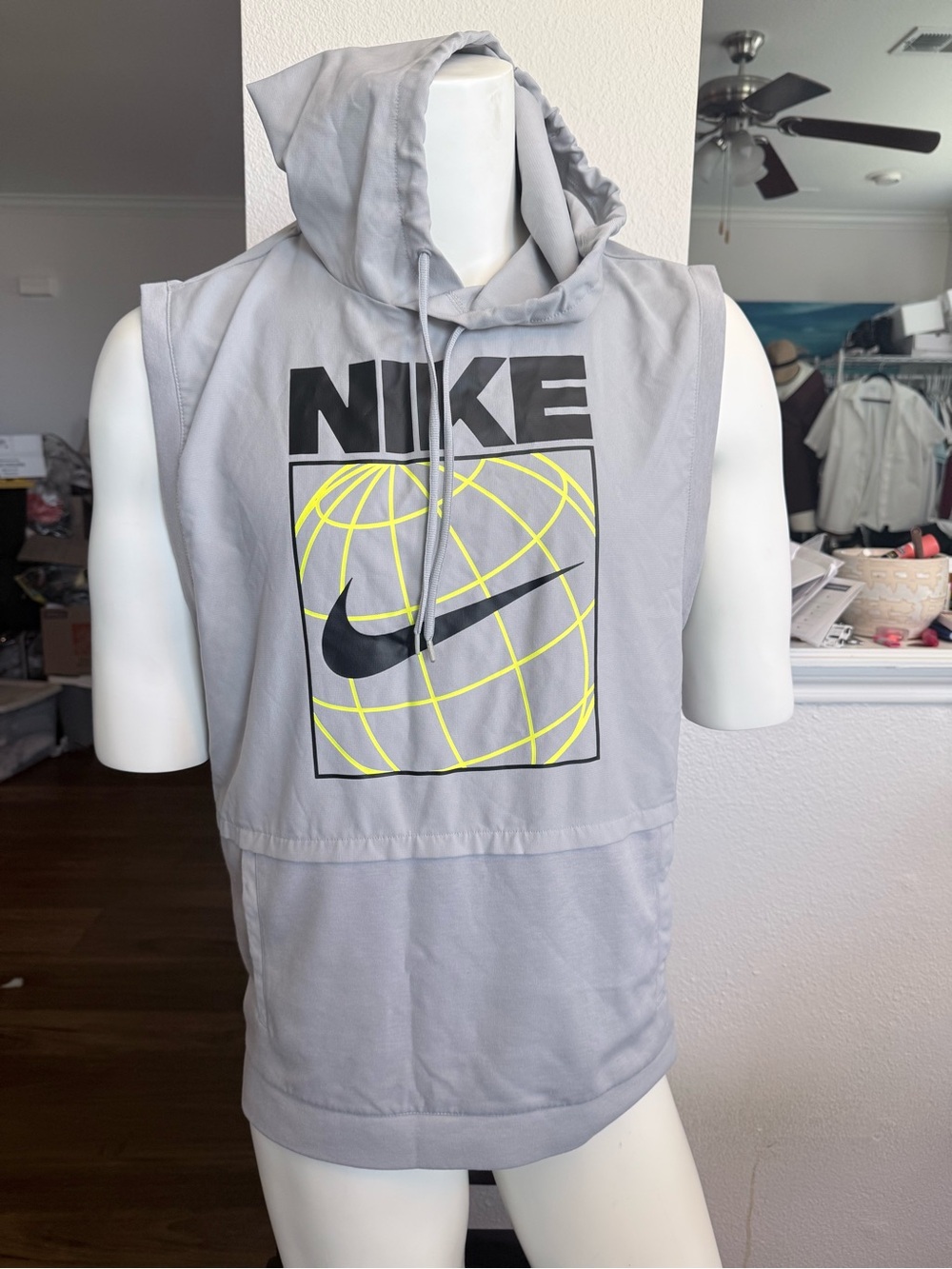 Nike Light Gray Dri-FIT Sleeveless Hooded Tank with Neon Yellow Trim